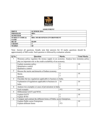 ASSIGNMENT
DRIVE SUMMER 2014
PROGRAM BBA
SEMESTER I
SUBJECT CODE &
NAME
BBA 103-BUSINESS ENVIRONMENT
BK ID B1499
CREDIT 4
MARKS 60
Note: Answer all questions. Kindly note that answers for 10 marks questions should be
approximately of 400 words. Each question is followed by evaluation scheme.
Q.No Question Marks Total Marks
1 Monetary policy regulates the money supply in an economy. Analyse how monetary policy
play an important role in the credit availability of an economy.
Explain monetary policy
Quantitative control
Qualitative control
2
4
4
10
2 Discuss the merits and demerits of Indian economy.
Merits
demerits
5
5
10
3 Elucidate the key regulations applicable to business in India.
Explanation of regulations applicable to business in
India
10 10
4 Analyse two examples or cases of privatization in India.
Each example- 5*2 10
5 Differentiate GATT and WTO.
Explain GATT
Explain WTO
5
5
10
6 Compare and contrast the different forms of Public sector Enterprises.
Explain Public sector Enterprises
Explain different forms
1
3*3
10
FOR SOLVED ASSIGNMENTS AT NOMINAL COST VISIT
WWW.SMUSOLVEDASSIGNMENTS.COM
Or Mail us at
solvemyassignments@gmail.com
FOR SOLVED ASSIGNMENTS AT NOMINAL COST VISIT
WWW.SMUSOLVEDASSIGNMENTS.COM
Or Mail us at
solvemyassignments@gmail.com
 