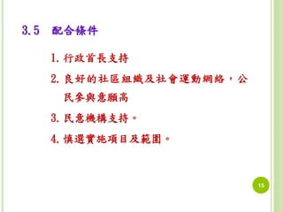 15 
3.5 配合條件 
1.行政首長支持 
2.良好的社區組織及社會運動網絡，公 
民參與意願高 
3.民意機構支持。 
4.慎選實施項目及範圍。 
 