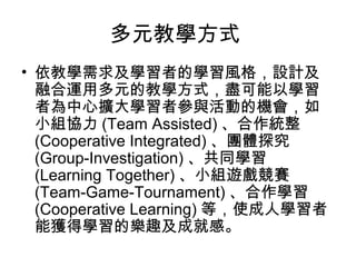 多元教學方式 
• 依教學需求及學習者的學習風格，設計及 
融合運用多元的教學方式，盡可能以學習 
者為中心擴大學習者參與活動的機會，如 
小組協力(Team Assisted) 、合作統整 
(Cooperative Integrated) 、團體探究 
(Group-Investigation) 、共同學習 
(Learning Together) 、小組遊戲競賽 
(Team-Game-Tournament) 、合作學習 
(Cooperative Learning) 等，使成人學習者 
能獲得學習的樂趣及成就感。 
 