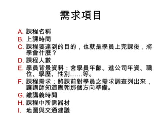 需求項目 
A. 課程名稱 
B. 上課時間 
C. 課程要達到的目的，也就是學員上完課後，將 
學會什麼？ 
D. 課程人數 
E. 學員背景資料：含學員年齡、進公司年資、職 
位、學歷、性別……等。 
F. 課程需求：將課前對學員之需求調查列出來， 
讓講師知道應朝那個方向準備。 
G.繳講義時間 
H. 課程中所需器材 
I. 地圖與交通建議 
 