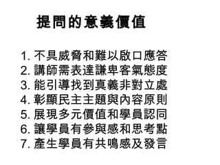 提問的意義價值 
1.不具威脅和難以啟口應答 
2.講師需表達謙卑客氣態度 
3.能引導找到真義非對立處 
4.彰顯民主主題與內容原則 
5.展現多元價值和學員認同 
6.讓學員有參與感和思考點 
7.產生學員有共鳴感及發言 
 