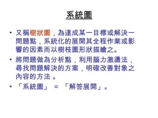系統圖 
• 又稱樹狀圖，為達成某一目標或解決一 
問題點，系統化的展開其全程作業或影 
響的因素而以樹枝圖形狀描繪之。 
• 將問題做為分析點，利用腦力激盪法， 
尋找問題解決的方案，明確改善對象之 
內容的方法 。 
• 「系統圖」 = 「解答展開」。 
 