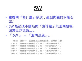 5W 
• 重複問『為什麼』多次，直到問題的水落石 
出。 
• 5W是必須不斷地問「為什麼」以至問題根 
因業已浮現為止。 
• 「5W 」 = 「追問到底」。 
 
