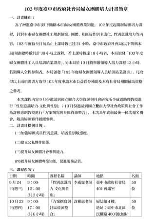 103年度臺中市政府社會局婦女團體培力計畫簡章 
一、計畫緣由： 
為了增進臺中市(以下簡稱本市)婦女團體專業知能，102年度起開辦婦團培力課 
程，針對本市婦女團體社工規劃個案、團體、社區及性別主流化、性別意識培力等內 
容，103年度截至目前為止上課時數已達21小時，臺中市政府社會局(以下簡稱本 
局)規劃總時數共計30小時之課程，若上課時數達18小時者，本局頒發「103年度 
婦女團體社工人員培訓結業證書」。另本局於10月將舉辦領導人培力課程12小時， 
若領導人全程參與者，本局頒發「103年度婦女團體領導人員培訓結業證書」。凡取 
得以上兩項證書方取得103年度申請本市公益彩券補助及本府社會局相關補助資格 
之參考。 
本次課程內容9月份邀請到國立聯合大學資訊與社會研究所李威霆助理教授進 
行「性別意識培力-文化與性別」；10月份邀請到國立暨南大學社會政策與社會工作 
系許雅惠副教授進行「方案撰寫與社區資源整合」，本次為年底前最後一梯次報名機 
會，敬請婦團夥伴踴躍參與。 
二、計畫目標與目的： 
(一)加強婦團成員性別意識，培養性別敏感度。 
(二)建立公私夥伴關係。 
(三)提升婦女團體社會參與能力。 
(四)提升婦女團體專業知能，促進服務品質。 
三、課程內容： 
日期時間課程名稱講師地點名額 
9月24 
日(週三) 
9：00- 
12：00 
(共3小時) 
「性別意識培 
力-文化與性 
別」 
李威霆老師臺中市政府社會局 
401會議室 
50 
位 
10月23 
日(週四) 
9：00- 
17：00 
(共6小時) 
「方案撰寫與 
社區資源整 
合」 
許雅惠老師婦幼館4樓。 
地址：臺中市北區 
民權路400號(無附 
50 
位 
 