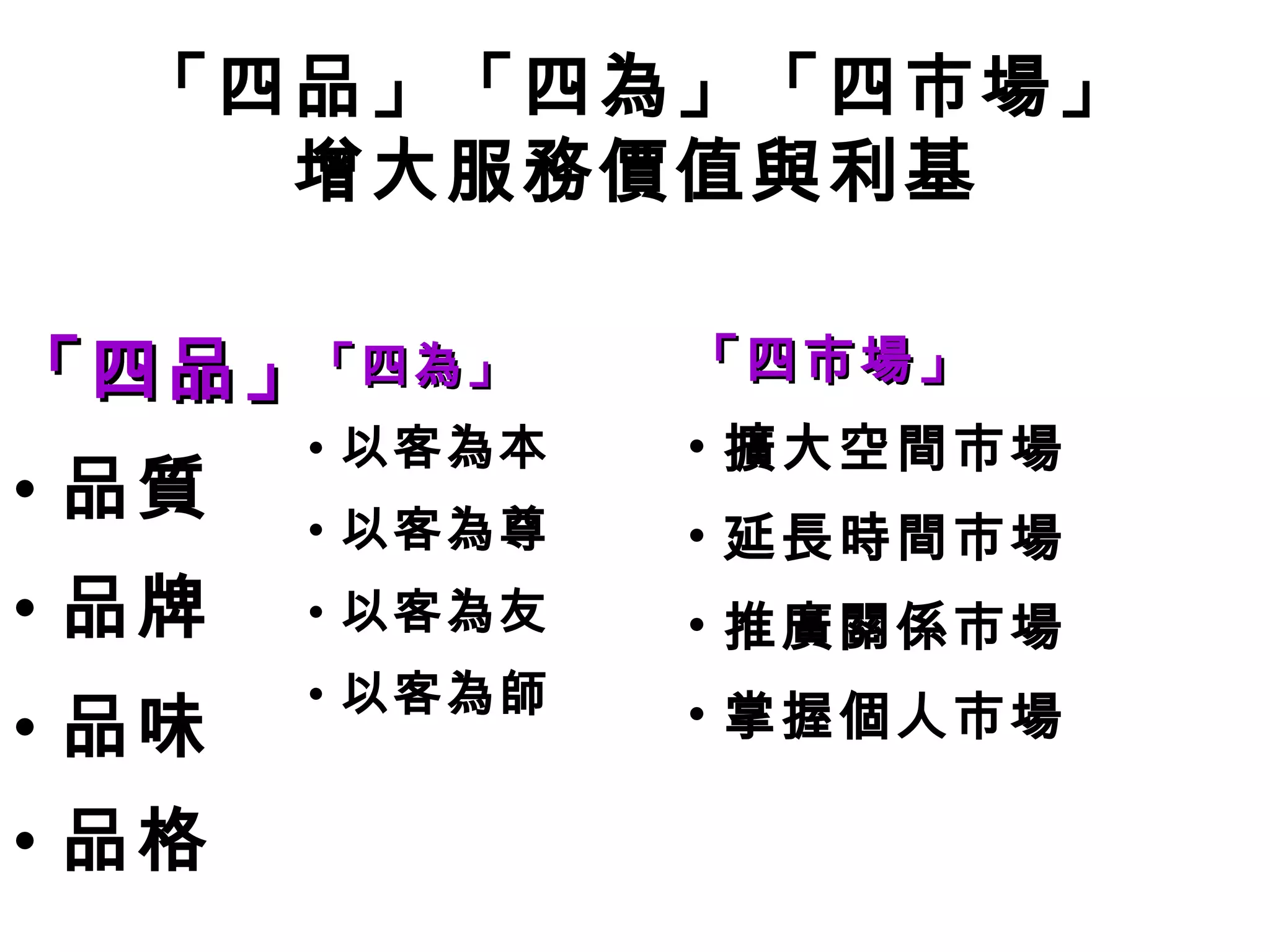 「四品」「四為」「四市場」 
增大服務價值與利基 
「四品」
• 品質 
• 品牌 
• 品味 
• 品格 
「四為」
• 以客為本 
• 以客為尊 
• 以客為友 
• 以客為師 
「四市場」
• 擴大空間市場 
• 延長時間市場 
• 推廣關係市場 
• 掌握個人市場 
 