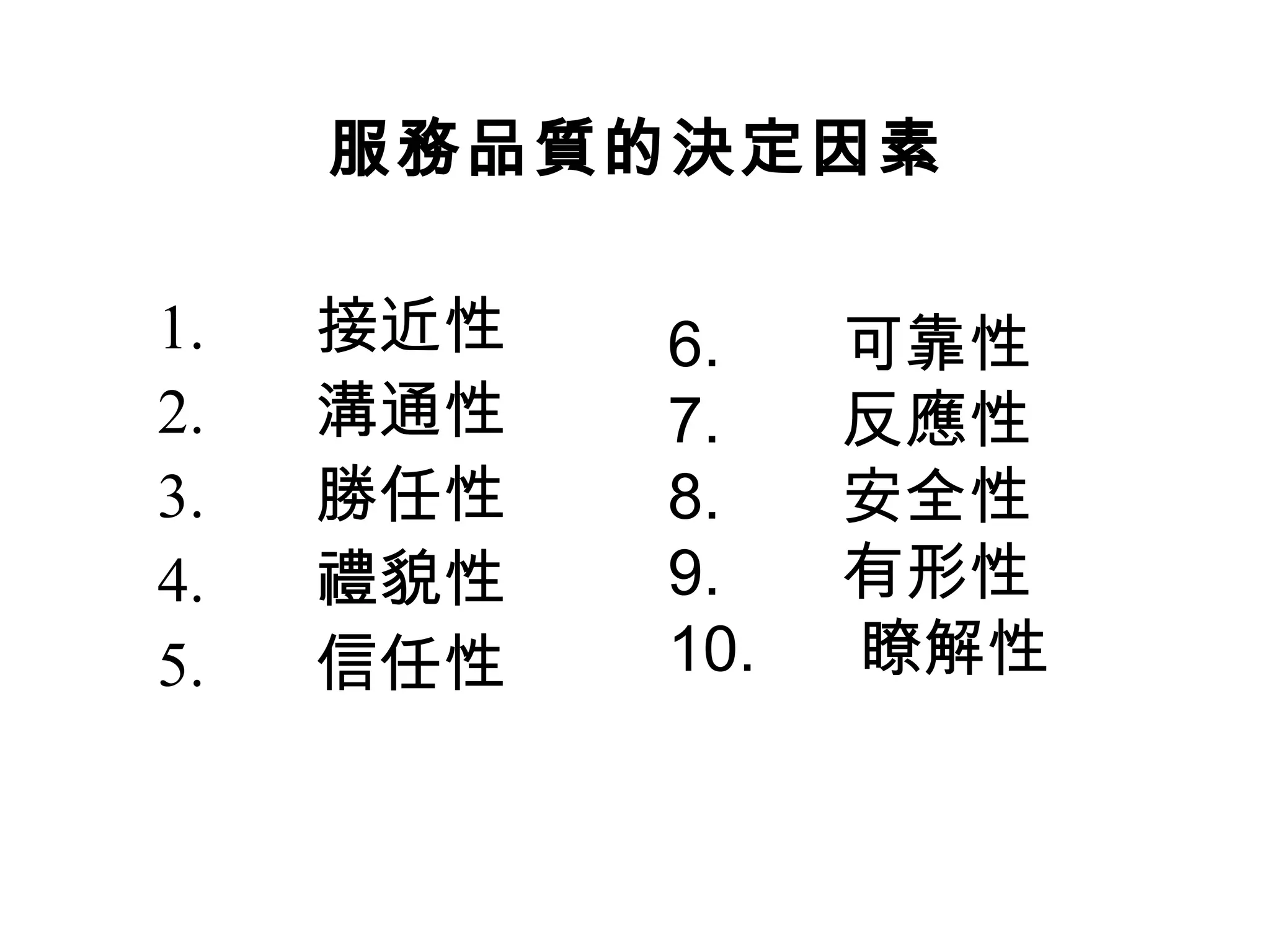 服務品質的決定因素 
1. 接近性 
2. 溝通性 
3. 勝任性 
4. 禮貌性 
5. 信任性 
6. 可靠性 
7. 反應性 
8. 安全性 
9. 有形性 
10. 瞭解性 
 