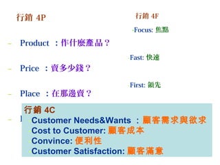 行銷4P 
– Product ：作什麼產品？ 
– Price ：賣多少錢？ 
– Place ：在那邊賣？ 
– Promotion ：怎麼賣？ 
行銷4F 
-Focus: 焦點 
-Fast: 快速 
-First: 領先 
行銷4C -Flexible: 彈性 
-Customer Needs&Wants ：顧客需求與欲求 
-Cost to Customer: 顧客成本 
-Convince:便利性 
-Customer Satisfaction: 顧客滿意 
 