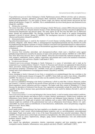 8 International Journal of Basic and Applied Sciences 
Trigonellafoenum-graecum (Linn.) belonging to family Papilionaceae possess different activities such as anticancer, anti-inflammatory, antiseptic, aphrodisiac, astringent, Bitter, demulcent, emollient, expectorant, anthelmintic, wound healing and gastroprotective. It is also useful in chronic cough, cure leprosy and heart disease and prevent the hair falling off and diuretic. (Toppo F.F. etal2009). This is antidiabeticherb can lower blood glucose and cholesterol levels (Dangi R.S. etal2004). 
 Abelmoschus esculentus 
The extract from Okra, Abelmoschus esculentus belonging to family Malvaceae, contains (RIPs) ribosome-inactivating proteins recently RIPs have attracted attention because of their pharmacological activities and clinical applications as immunotoxins,Abortifacients and antiviral agents. The study reports for the first time that RIPs exist in Malvaceae plants. (Kondo &T.yoshikawa2006). The mucilage extracted from Okra was found to be superior disintegrating agentand is devoid of toxicity. (Kumar R. etal2009). The mucilaginous decoction is prescribed for cough, throat infection and bronchitis (Ahmad M. etal2007). 
 Solanummelongena 
Egg plant,Solanummelongena is used for the treatment of several diseases including diabetes, arthritis, asthma and bronchitis. (MagioliC. andE. Mansur 2005). S. melongenapossess hypolipidemicpotentials and may therefore be useful for prophylonicand therapeutic treatment of clinical conditions associated with hyperlipidaemiasuch as atherosclerosis. (OdetolaA.Aetal2004). The beneficial actions of flavonoidsfrom egg plantor brinjal provide a higher rate of degradation of cholesterol. 
 Momordicacharantia 
M. charantia Fruit extracthas antioxidant, and chemoprotectiveeffects which exert a beneficial action against pathophysiologicalalteration caused by the presence of super oxide and hydroxide radicals. (SEMIZA & A. SEN.2007). Juice from Momordicacharantia fruit is used for diabetes. Momordicacharantiahavethe medicinal properties such as tonic, purgative, anthelmintic, laxative, sedative, expectorant, and stimulant and is used in the treatment of bronchitis, cough, elephantiasis, piles and ulcers. (Parekh J. andChanda S. 2007). 
 Lycopersiconesculentum 
Tomato,Lycopersiconesculentum belonging to family Solanaceae is a source of antioxidants and is made up by components (e.g. Lycopene,Glation, Vitamin C, Vitamin A, Potassium and Calcium) very appropriate for detoxification, illness, prevention, attaining growth, helping the immunologic system, maintaining bloodin good state. Lycopenehas anti-cancerous properties. (Emmanuel Q.C. etal2009). Fresh juice of ripedfruit is used to reduce the acidity of the stomach and to treat inflammation of oesophagusand stomach. (HayatM.Q. etal2008). 
 Allium cepa 
Onion, belonging to family Liliaceaein its raw form, is recognized as an antiplaterletagent that may contribute to the prevention of cardiovascular diseases (Cavagnaro P.E. etal2007). Onion bulbs are used to treat cholera. (HayatM.Q. etal2008). The infusions of onion leave or roots tuber cure the snakebite (Owuor B.Q. andD.P. Kisangau2006). 
 Momordica tuberosea 
M. tuberosea (Athalakkai) belonging to the family Cucurbitaceae, is Rich in crude fiber, Calcium, Potassium, sodium and Vitamin C. Calcium is required for the growth of bones and teeth as well as for maintaining normal heart rhythm, blood coagulation, muscle contraction and nerve responses. The higher crude fiber content of Athalakkai (2.75 times) Decrease the absorption of cholesterol from the gut. Non vegetarians can potentially include this crude fiber rich wild vegetable in their diet to decrease many gastrointestinal disorders. It is also useful for diabetes (Parvathi S. andV.J.F. Kumar 2002). 
 Colocasiaesculenta 
Taro (Colocasiaesculenta L.) a root crop belonging to the Araceae family, is used in treating certain medical conditions, especially infant food allergies and failure-to thrive in infants, diarrhea, gastroenteritis, irritable bowel syndrome and inflammatory bowel disease, cancer, depressed immune function and inadequate lactose digestion. It might make a nutrition supplement for weight gain in patients with conditions such as cancer AIDS, Pancreatitis and some of the induced weight loss conditions of the gastrointestinal tract such as inflammatory bowel disease. (Brown A.C. andA. valiere2004). Its cormis used as an abortifacient, to treat tuberculosis, anathementic, ulcers and pulmonary congestion. (BelozA.G and T. Rivero 2006). 
 Ipomoeabatatas 
Sweet purple potato (Ipomoeabatatas) has been regarded as an abundant source of stable Anthocyanins which have been reported to show several effectivelypharmacological properties such as anti-inflammation, antioxidationand antimutagen. Purple sweet potato color is one of the major flavonoidswhich have powerful antioxidants. (Shan Q. etal2007). Sweet potato leaves contain high concentrations of polyphenolics, that offers protection from diseases linked to oxidation, such as cancer, hepatotoxicity, allergies, aging, human immunodeficiency virus and cardiovascular problems. (Islam S. 2006). 
 Beta vulgaris 
Beta vulgaris has aphrodiasic, carminative, diuretic, expectorant, purgative and toxic properties against itch, constipation earache, headache, inflammations, sores, paralysis and ulcers. (Parekh J. andChanda S. 2007).  