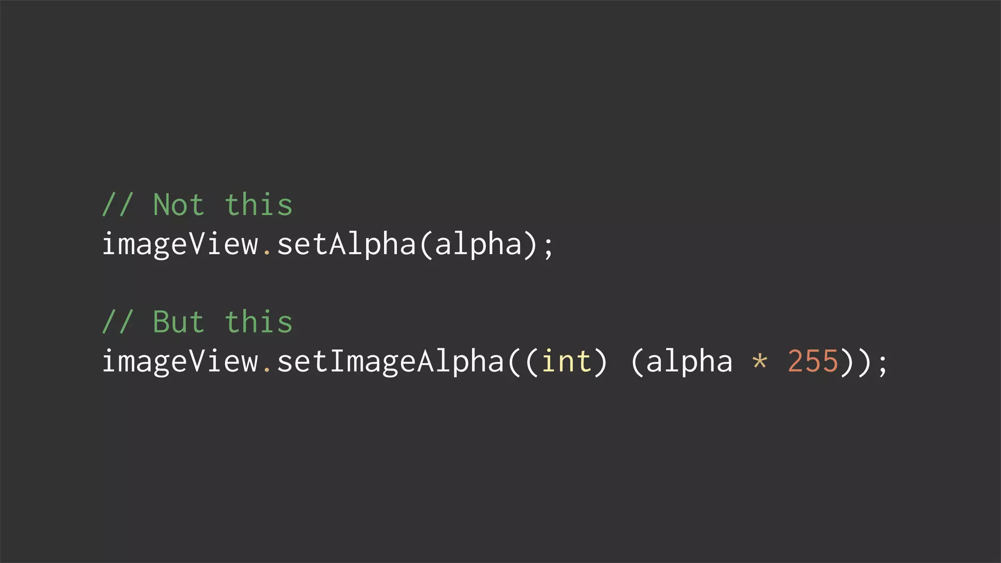 // Not this
imageView.setAlpha(alpha);
// But this
imageView.setImageAlpha((int) (alpha * 255));
 