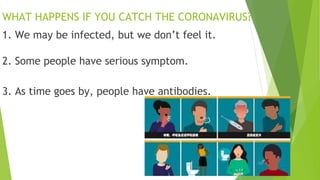 WHAT HAPPENS IF YOU CATCH THE CORONAVIRUS?
1. We may be infected, but we don’t feel it.
2. Some people have serious symptom.
3. As time goes by, people have antibodies.
 