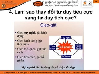 Wrought Iron – Wall Paper – Glass & Aluminum Rolling Door – Ceiling – E & C – Coffee, Bar & Restaurant
18
4. Làm sao thay đổi tư duy tiêu cực
sang tư duy tích cực?
 