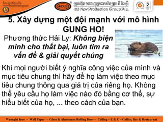 Wrought Iron – Wall Paper – Glass & Aluminum Rolling Door – Ceiling – E & C – Coffee, Bar & Restaurant
Phương thức Hải Ly: Không biện
minh cho thất bại, luôn tìm ra
vấn đề & giải quyết chúng
Khi mọi người biết ý nghĩa công việc của mình và
mục tiêu chung thì hãy để họ làm việc theo mục
tiêu chung thông qua giá trị của riêng họ. Không
thể yêu cầu họ làm việc nào đó bằng cơ thể, sự
hiểu biết của họ, ... theo cách của bạn.
5. Xây dựng một đội mạnh với mô hình
GUNG HO!
 