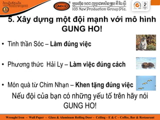 Wrought Iron – Wall Paper – Glass & Aluminum Rolling Door – Ceiling – E & C – Coffee, Bar & Restaurant
• Tinh thần Sóc – Làm đúng việc
• Phương thức Hải Ly – Làm việc đúng cách
• Món quà từ Chim Nhạn – Khen tặng đúng việc
Nếu đội của bạn có những yếu tố trên hãy nói
GUNG HO!
5. Xây dựng một đội mạnh với mô hình
GUNG HO!
 