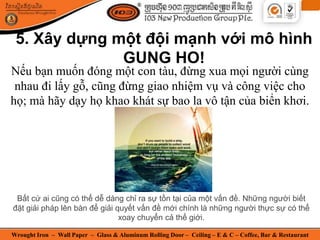 Wrought Iron – Wall Paper – Glass & Aluminum Rolling Door – Ceiling – E & C – Coffee, Bar & Restaurant
Nếu bạn muốn đóng một con tàu, đừng xua mọi người cùng
nhau đi lấy gỗ, cũng đừng giao nhiệm vụ và công việc cho
họ; mà hãy dạy họ khao khát sự bao la vô tận của biển khơi.
5. Xây dựng một đội mạnh với mô hình
GUNG HO!
Bất cứ ai cũng có thể dễ dàng chỉ ra sự tồn tại của một vấn đề. Những người biết
đặt giải pháp lên bàn để giải quyết vấn đề mới chính là những người thực sự có thể
xoay chuyển cả thế giới.
 