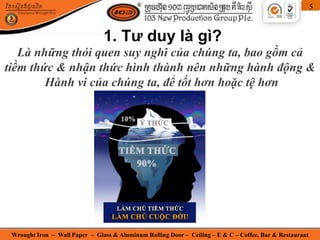 Wrought Iron – Wall Paper – Glass & Aluminum Rolling Door – Ceiling – E & C – Coffee, Bar & Restaurant
5
1. Tư duy là gì?
Là những thói quen suy nghĩ của chúng ta, bao gồm cả
tiềm thức & nhận thức hình thành nên những hành động &
Hành vi của chúng ta, để tốt hơn hoặc tệ hơn
 