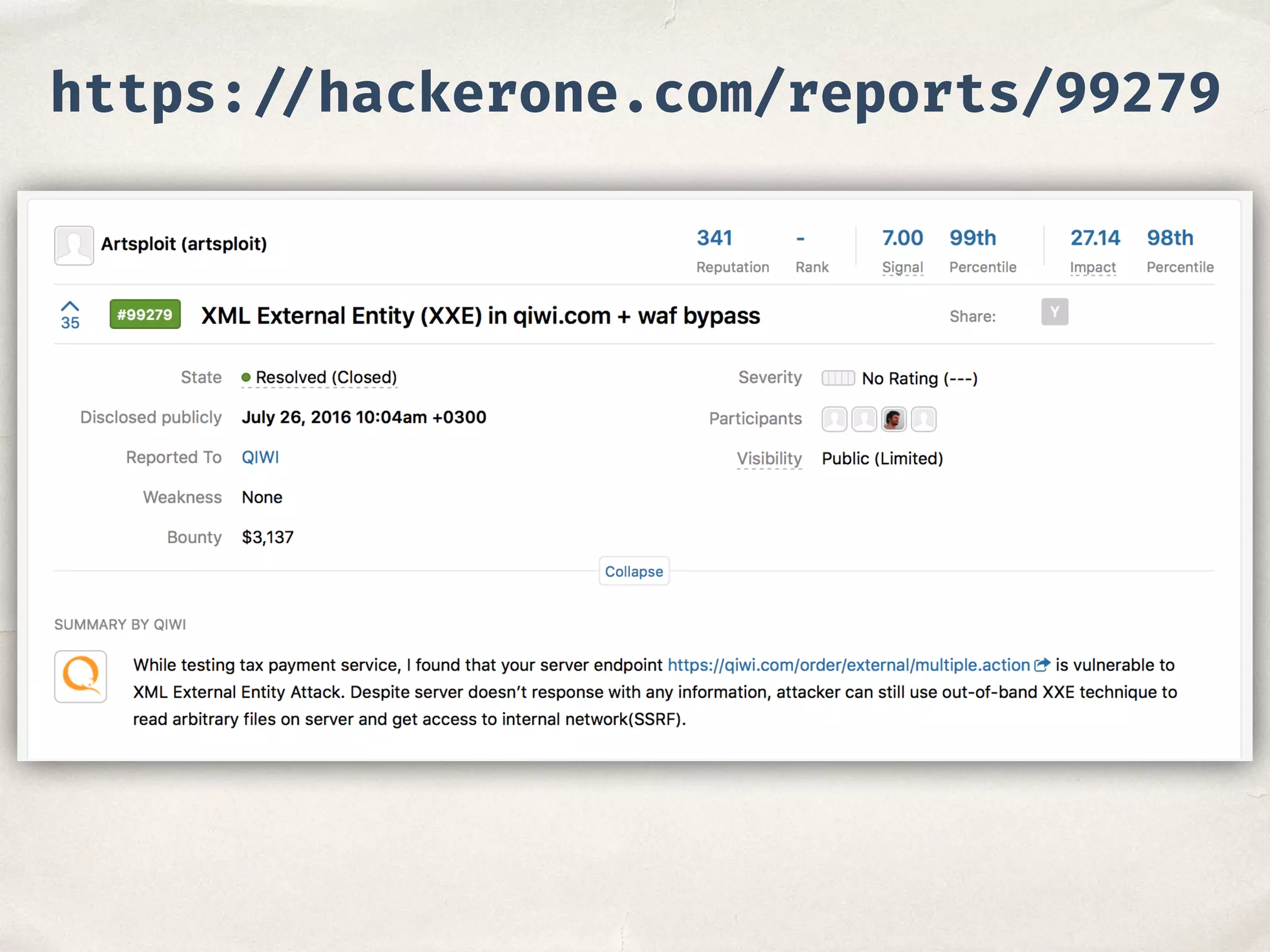 https: //hackerone.com/reports/99279
 