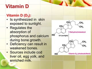 Vitamin D
Vitamin D (D3):
• Is synthesized in skin
exposed to sunlight.
• Regulates the
absorption of
phosphorus and calcium
during bone growth.
• Deficiency can result in
weakened bones.
• Sources include cod
liver oil, egg yolk, and
enriched milk.
 