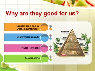 Why are they good for us?
Greater need due to
worse environment
Improved immunity
Prevent illnesses
Slower aging
 