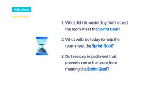 1. What did I do yesterday that helped
the team meet the Sprint Goal?
2. What will I do today to help the
team meet the Sprint Goal?
3. Do I see any impediment that
prevents me or the team from
meeting the Sprint Goal?
Daily Scrum
 