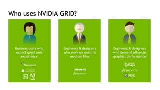 16
Who uses NVIDIA GRID?
Business users who
expect great user
experience
Engineers & designers
who work on small to
medium files
Engineers & designers
who demand ultimate
graphics performance
 