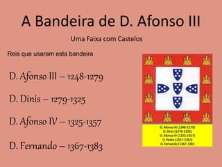 A Bandeira de D. Afonso III
Uma Faixa com Castelos
Reis que usaram esta bandeira
D. Afonso III – 1248-1279
D. Dinis – 1279-1325
D. Afonso IV – 1325-1357
D. Fernando – 1367-1383
 