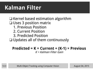 Kalman Filter
❏ Kernel based estimation algorithm
❏ Uses 3 position matrix
1. Previous Position
2. Current Position
3. Predicted Position
❏ Updates all of them continuously
Predicted = K × Current + (K-1) × Previous
K = Kalman Filter Gain
August 04, 2015Multi-Object Tracking using Computer Vision15/23
 