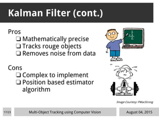 Kalman Filter (cont.)
Pros
❏ Mathematically precise
❏ Tracks rouge objects
❏ Removes noise from data
Cons
❏ Complex to implement
❏ Position based estimator
algorithm
August 04, 2015
Image Courtesy: PMacStrong
Multi-Object Tracking using Computer Vision17/23
 