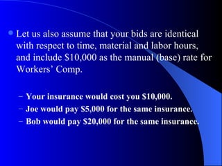 Let us also assume that your bids are identical with respect to time, material and labor hours, and include $10,000 as the manual (base) rate for Workers’ Comp. Your insurance would cost you $10,000. Joe would pay $5,000 for the same insurance. Bob would pay $20,000 for the same insurance. 