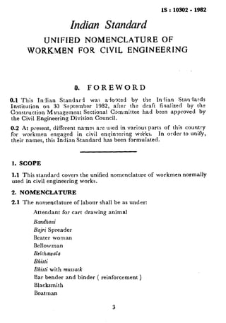 IS:10302 -1982
Indian Standard
UNIFIED NOMENCLATURE OF
WORKMEN FOR CLVLL ENGINEERING
0. FOREWORD
0.1 This Indian Standard wa: alonted by the Indian Standards
Institution on 30 September 1982, after the draft finalized by the
Construction Management Sectional Committee had been approved by
the Civil Engineering Division Council.
0.2 At present, different names are used in various parts of this country
for workmen enqaged in civil engineering works. In order to unify,
their names, this Indian Standard has been formulated.
1. SCOPE
1.1 This standard covers the unified nomenclature of workmen normally
used in civil engineering works.
2. NOMENCLATURE
2.1 The nomenclature of labonr shall be as under:
Attendant for cart drawing animal
Bandhani
Bajri Spreader
Beater woman
Bellowman
Belchawala
Bhisti
Bhisti with mussack
Bar bender and binder ( reinforcement )
Blacksmith
Boatman
3
 