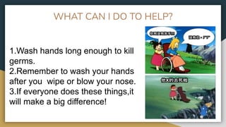 WHAT CAN I DO TO HELP?
1.Wash hands long enough to kill
germs.
2.Remember to wash your hands
after you wipe or blow your nose.
3.If everyone does these things,it
will make a big difference!
 