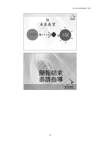 社區居住服務倡議十周年 
16 
 
伍
未來展望
14個 1個
 
簡報結束
恭請指導
 
 