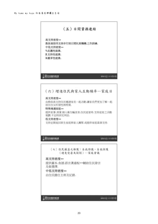 My home my hope 社區居住與獨立生活 
23 
 
（五）日間資源連結
高支持密度---
教保員陪同支持步行到日間托育機構.工作訓練.
中低支持密度---
1.庇護性就業.
2.支持性就業.
3.競爭性就業.
 
（六）增進住民與家人互動頻率—家庭日
高支持密度---
由教保員支持住民邀請家長一起活動.讓家長們更加了解一起
居住住友的習性與特質.
特殊境遇家庭---
提供家事.清潔.個人衛生輪流表.住民返家時.支持返家之活動
規劃.不定時到宅拜訪.
低支持密度---
支持定期返回原生家庭與家人團聚.或提供家庭資源支持.
 
〈七〉住民權益之維護：自我倡議、自我保護
（避免受虐及剝削）--家庭會議
高支持密度---
提供圖本.食譜.語言溝通板~~輔助住民發言
及做選擇.
中低支持密度---
由住民擔任主席及記錄.
 
 