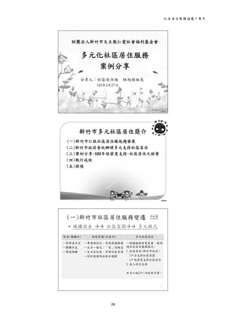 社區居住服務倡議十周年 
28 
 
1
財團法人新竹市天主教仁愛社會福利基金會
分享人：社區居住組 林旭娟組長
103年3月27日
多元化社區居住服務
案例分享
 
新竹市多元社區居住簡介
2
(一)新竹市仁啟社區居住緣起與發展
(二)新竹市政府委託辦理多元支持社區居住
(三)案例分享-102年低密度支持-社區居住之經營
(四)執行成效
(五)困境
 
(一)新竹市社區居住服務變遷
• 機構宿舍  社區家園 多元模式
3
宿舍(機構內) 社區家園(社區內) 多元社區居住
--管理者決定
--團體作息
--環境隔離
--尊重個別化：參與與選擇權
--生活一般化：「家」的概念
--生活在社區：享用社區資源
--別於教養院的居住選擇
--根據服務對象需要，提供
適合的居住服務模式:
1.社區居住(新竹市政府)
7戶全支持社區家園
1戶低密度支持社區居住
2.成人到宅支持
＊另仁啟2戶(內政部方案)
 
 