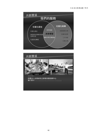 社區居住服務倡議十周年 
42 
 
我們的服務
社區化居住 社區化就業
社區化居住
高密度支持需求者居
住與生活
社區居住轉銜
研究發展
終身學習
運動休閒及體適能
就業服務方案
庇護性就業
工作活動
社會企業
 
 
財團法人台灣省私立啟智技藝訓練中心
簡介影片 HTTP://WWW.YOUTUBE.COM/WATCH?V=27XSBUYHK4C
感謝聆聽…..
 
 