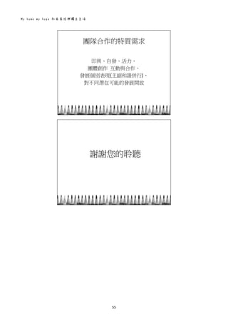 My home my hope 社區居住與獨立生活 
55 
 
團隊合作的特質需求
即興、自發、活力、
團體創作 互動與合作、
發展個別表現(主副和諧併行)、
對不同潛在可能的發展開放
 
謝謝您的聆聽
 
 