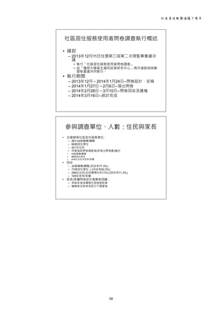 社區居住服務倡議十周年 
58 
 
社區居住服務使用者問卷調查執行概述
• 緣起
– 2013年12月11日住盟第三屆第二次理監事會議決
議
• 執行「社區居住服務使用者問卷調查」
• 由「陽明大學衛生福利政策研究中心」周月清教授與聯
盟秘書處共同執行。
• 執行期間
– 2013年12月～2014年1月24日--問卷設計、定稿
– 2014年1月27日～2月6日--發出問卷
– 2014年2月28日～3月10日--問卷回收及建檔
– 2014年3月16日--統計完成
 
參與調查單位、人數：住民與家長
• 全國辦理社區居住服務單位：
– 總計44個機構/團體
– 89個居住單位
– 421位住民
• 同意協助問卷調查者(即發出問卷數)總計
• 43個機構/團體
• 86個居住單位
• 416位住民及家長/家屬
• 回收
– 34個機構/團體 (回收率77.3%)
– 73個居住單位 （(回收率82.0%)
– 298位住民(包含精障住民17位) (回收率71.3%)
– 169位家長/家屬
• 家長/家屬問卷部份蒐集較困難：
– 有無依者或雙親也是服務對象
– 精障家反映家長部分不需要做
 
 