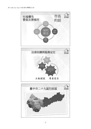 My home my hope 社區居住與獨立生活 
7 
 
福利
理念
以人
為本
弱勢
優先
優質
環境
愛心
城巿
社福優先
營造友善城巿
巿長
的話
 
社區居住與
獨立生活方
案
個照法
36-41條
身權法
50條
法源依據與服務定位
主動關懷 尊重需求
 
臺中巿二十九區行政區
 
 