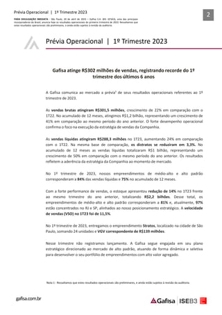 gafisa.com.br
Prévia Operacional | 1º Trimestre 2023
Prévia Operacional | 1º Trimestre 2023
PARA DIVULGAÇÃO IMEDIATA - São...