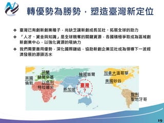 轉優勢為勝勢，塑造臺灣新定位
❖ 臺灣已有創新創業種子，尚缺乏讓新創成長茁壯、拓展全球的助力
❖ 「人才、資金與知識」是全球競奪的關鍵資源，各國積極爭取成為區域創
新創業中心，以強化資源的吸納力
❖ 我們需要善用優勢，深化國際鏈結，協助新創企業茁壯成為領導下一波經
濟發展的源頭活水
智利
聖地牙哥
新加坡
英國
倫敦 以色列
特拉維夫
加拿大溫哥華
美國矽谷
芬蘭
赫爾辛基
臺灣
？
19
韓國首爾
 