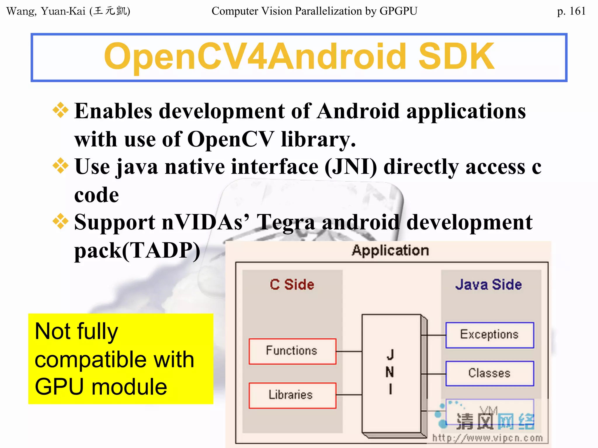 Wang,	Yuan-Kai	(王元凱) Computer Vision Parallelization by GPGPU p.
OpenCV4Android SDK
❖Enables development of Android applications
with use of OpenCV library.
❖Use java native interface (JNI) directly access c
code
❖Support nVIDAs’ Tegra android development
pack(TADP)
Not fully
compatible with
GPU module
161
 
