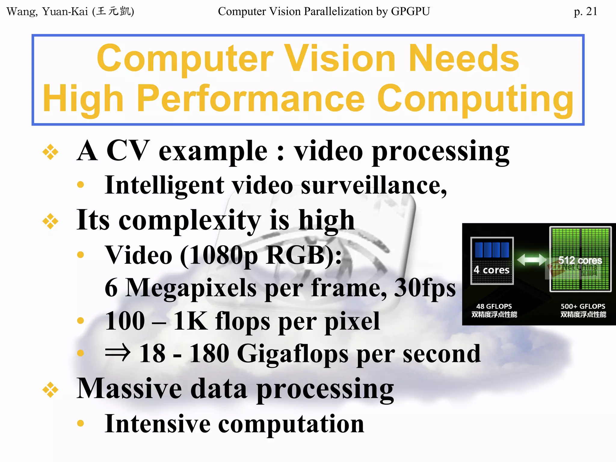 Wang,	Yuan-Kai	(王元凱) Computer Vision Parallelization by GPGPU p.
Computer Vision Needs
High Performance Computing
❖ A CV example : video processing
• Intelligent video surveillance,
❖ Its complexity is high
• Video (1080p RGB):
6 Megapixels per frame, 30fps
• 100 – 1K flops per pixel
• ⇒ 18 - 180 Gigaflops per second
❖ Massive data processing
• Intensive computation
21
 