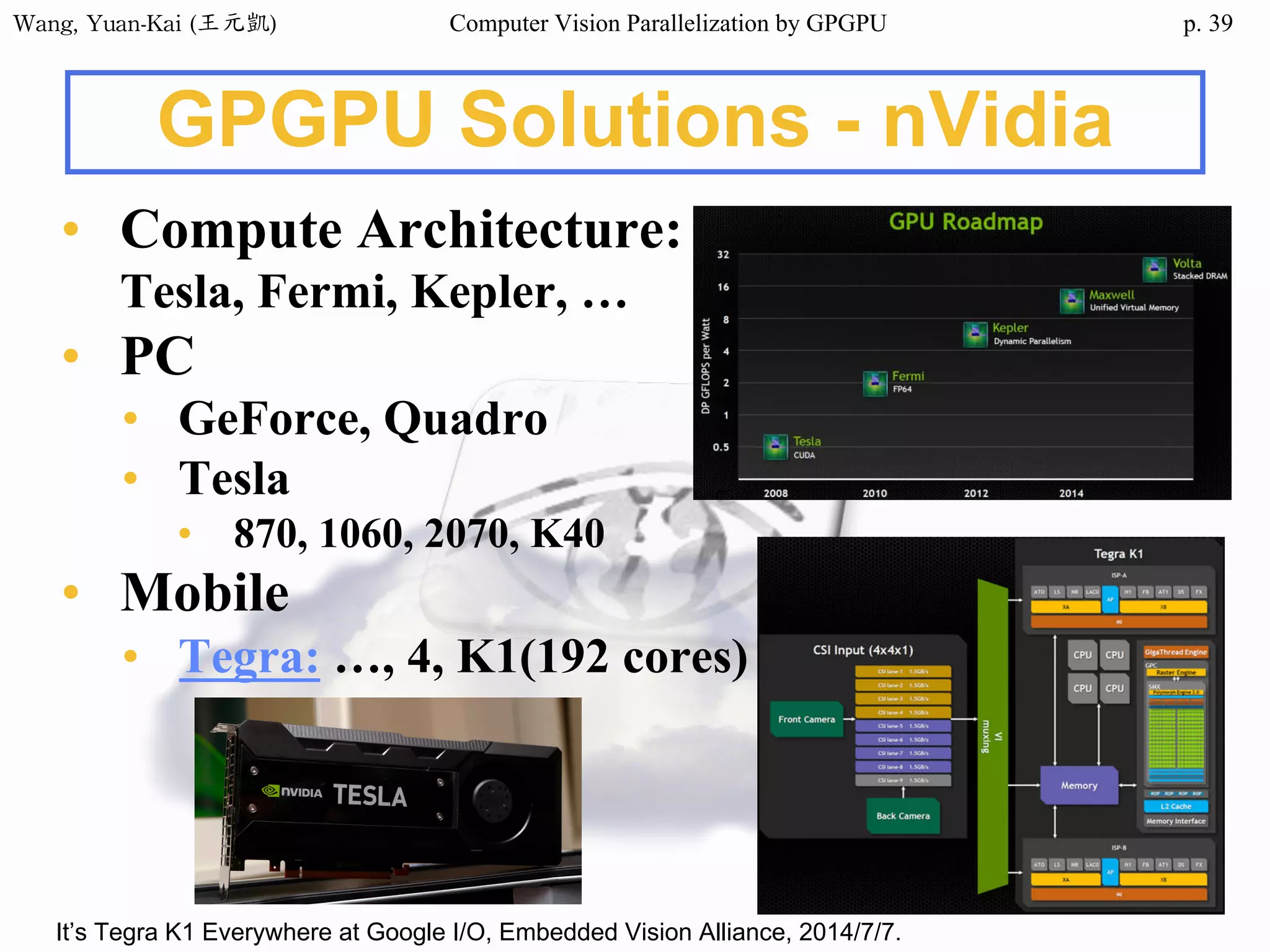 Wang,	Yuan-Kai	(王元凱) Computer Vision Parallelization by GPGPU p.
GPGPU Solutions - nVidia
• Compute Architecture:
Tesla, Fermi, Kepler, …
• PC
• GeForce, Quadro
• Tesla
• 870, 1060, 2070, K40
• Mobile
• Tegra: …, 4, K1(192 cores)
39
It’s Tegra K1 Everywhere at Google I/O, Embedded Vision Alliance, 2014/7/7.
 