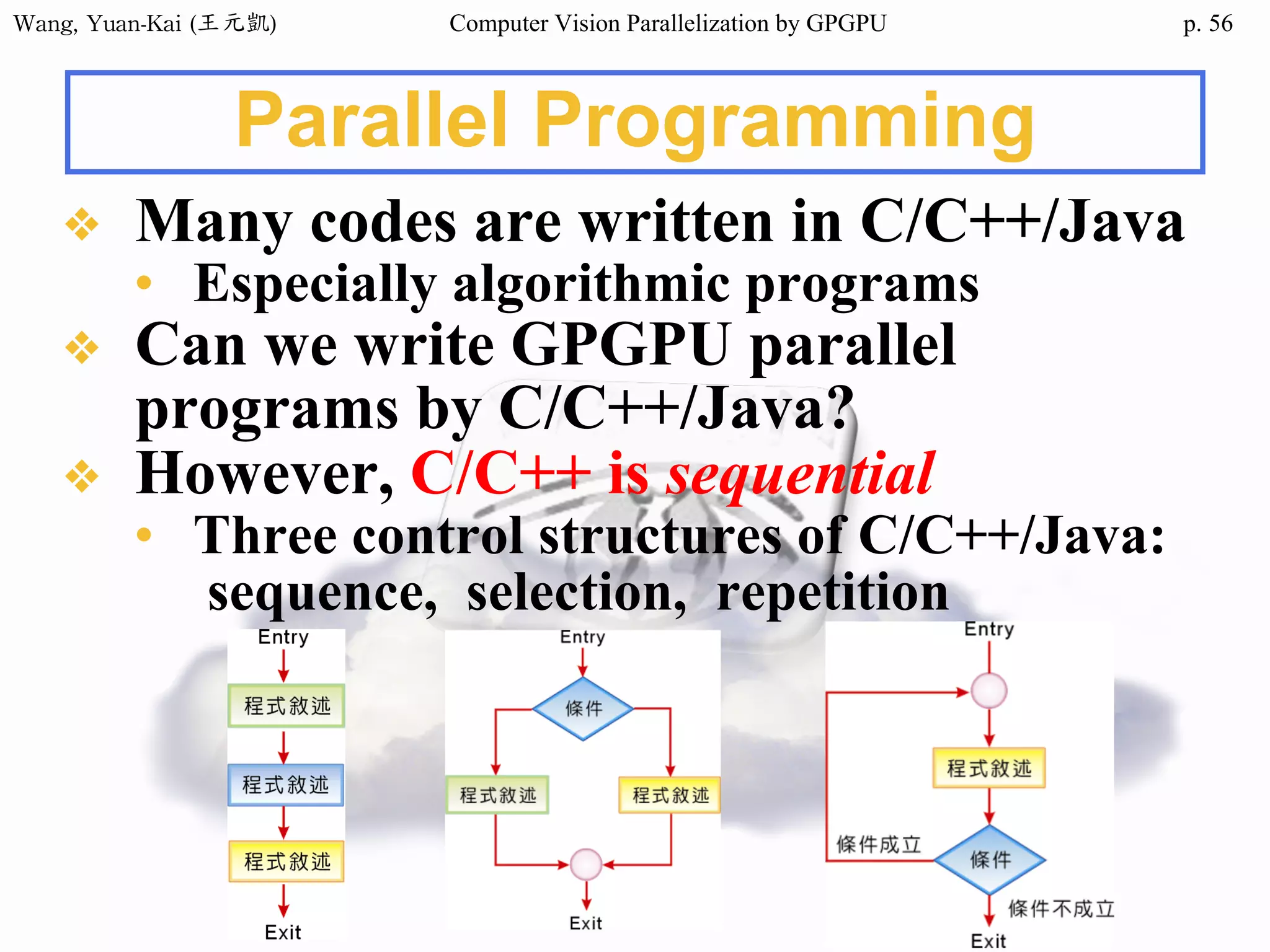 Wang,	Yuan-Kai	(王元凱) Computer Vision Parallelization by GPGPU p.
Parallel Programming
❖ Many codes are written in C/C++/Java
• Especially algorithmic programs
❖ Can we write GPGPU parallel
programs by C/C++/Java?
❖ However, C/C++ is sequential
• Three control structures of C/C++/Java:
sequence, selection, repetition
56
 
