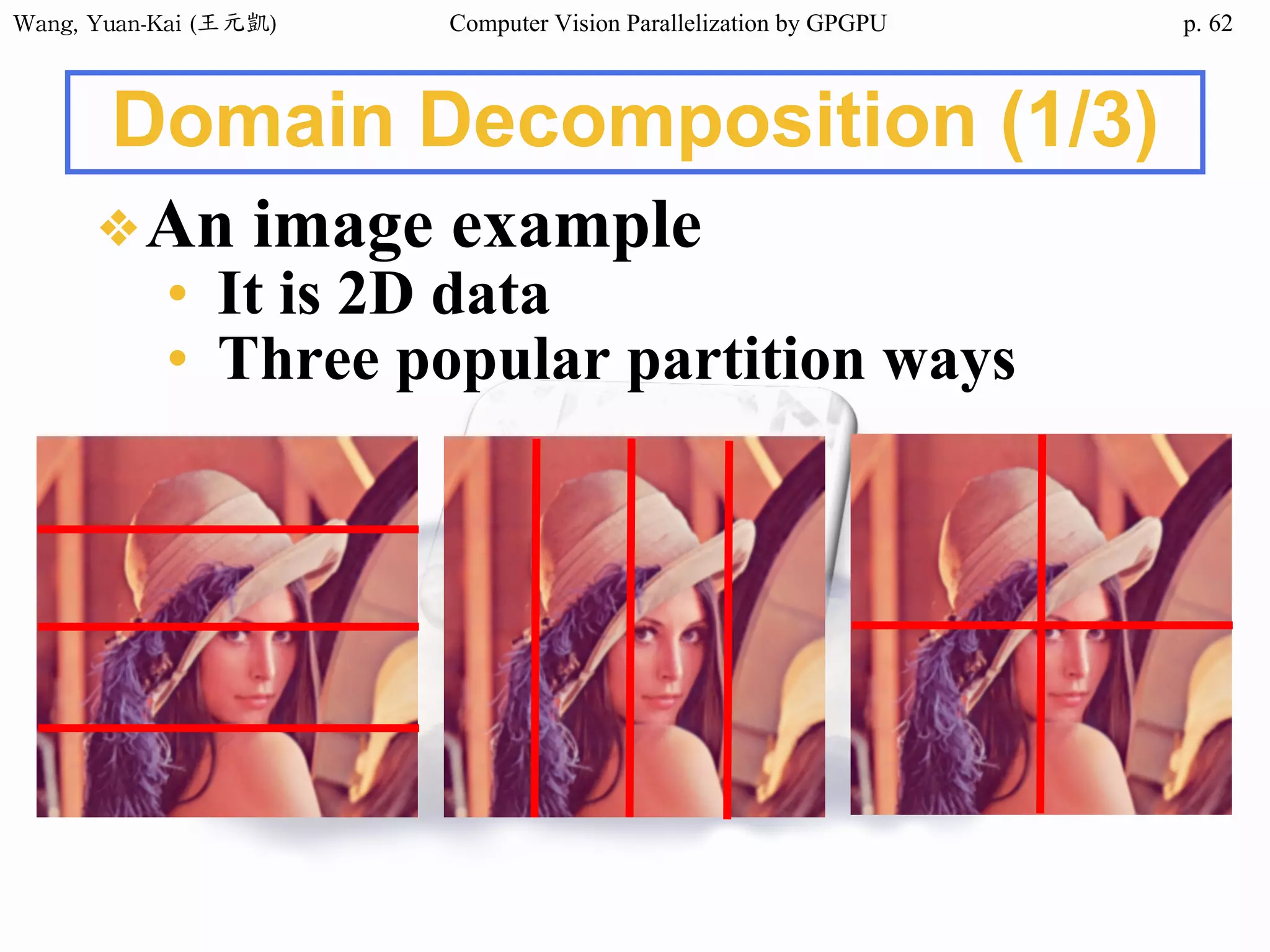 Wang,	Yuan-Kai	(王元凱) Computer Vision Parallelization by GPGPU p.
Domain Decomposition (1/3)
❖An image example
• It is 2D data
• Three popular partition ways
62
 