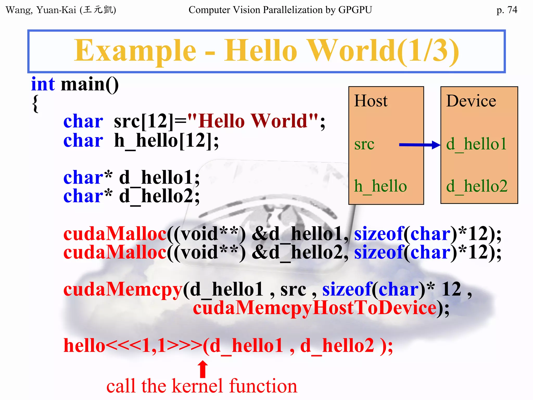 Wang,	Yuan-Kai	(王元凱) Computer Vision Parallelization by GPGPU p.
Example - Hello World(1/3)
int main()
{
char src[12]="Hello World";
char h_hello[12];
char* d_hello1;
char* d_hello2;
cudaMalloc((void**) &d_hello1, sizeof(char)*12);
cudaMalloc((void**) &d_hello2, sizeof(char)*12);
cudaMemcpy(d_hello1 , src , sizeof(char)* 12 ,
cudaMemcpyHostToDevice);
hello<<<1,1>>>(d_hello1 , d_hello2 );
Host
src
h_hello
Device
d_hello1
d_hello2
call the kernel function
74
 