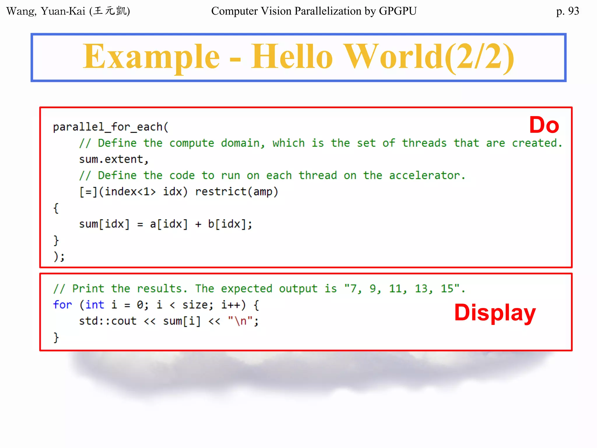 Wang,	Yuan-Kai	(王元凱) Computer Vision Parallelization by GPGPU p.
Example - Hello World(2/2)
Do
Display
93
 