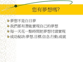 您有夢想嗎?
夢想不是白日夢
我們都有潛能實現自己的夢想
每一天花一點時間把夢想付諸實現
成功秘訣:夢想,目標,信念,行動,成就
 