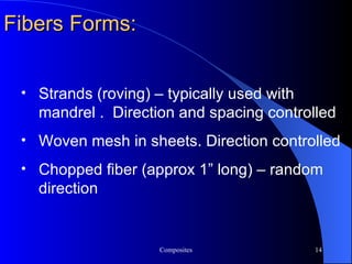 Fibers Forms: Strands (roving) – typically used with mandrel .  Direction and spacing controlled Woven mesh in sheets. Direction controlled Chopped fiber (approx 1” long) – random direction 