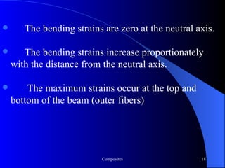 The bending strains are zero at the neutral axis. The bending strains increase proportionately with the distance from the neutral axis.   The maximum strains occur at the top and bottom of the beam (outer fibers) 