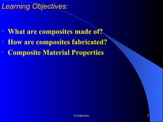 Learning Objectives: What are composites made of? How are composites fabricated? Composite Material Properties 